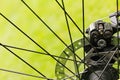 Bicycle disc brakes on green grass background Royalty Free Stock Photo