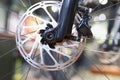 Bicycle disk brake rotor in focus closeup Royalty Free Stock Photo