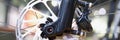 Bicycle disk brake rotor in focus closeup Royalty Free Stock Photo