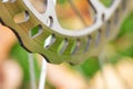 Bicycle disk brakes close up, grey metal disc attached to bike wheel, effective popular mountain bicycle brakes Royalty Free Stock Photo