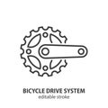 Bicycle drive system line icon. Bike crankset outline vector symbol. Editable stroke