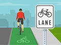 Bicycle driving tips. Back view of people cycling on bike path. City bike lane traffic or road sign.