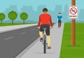 Bicycle driving tips. Cyclist ignoring road sign and riding his bike on sidewalk. No bikes traffic or road sign.