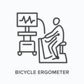 Bicycle ergometer flat line icon. Vector outline illustration of man doing stress test on cycle machine. Cardiovascular