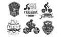 Bicycle Extreme Sport Retro Labels Set, Freeride Hand Drawn Badges Monochrome Vector Illustration