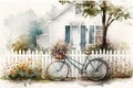 Bicycle with a flower basket in front of white picket fence, watercolor illustration Royalty Free Stock Photo