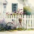 Bicycle with a flower basket in front of white picket fence, watercolor illustration Royalty Free Stock Photo