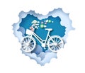 Bicycle with flower basket inside of paper cut heart shape clouds, vector illustration. Love bike. Valentines Day card.