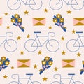 Bicycle, flowers and stars in a seamless pattern design