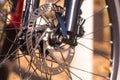 Bicycle front wheel close up. Preparing to ride. Rear sprocket on bike Royalty Free Stock Photo