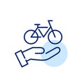 Bicycle in hand. Bike rental close to your location. Pixel perfect, editable stroke