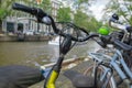 Bicycle handle bars alongside canal Royalty Free Stock Photo