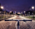 Bicycle handlebar on the background of the road Royalty Free Stock Photo