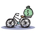 Bicycle carrying a money bag bike hauling dollar money symbol save money on gas Royalty Free Stock Photo