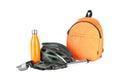 Bicycle helmet, fingerless gloves, backpack, thermo bottle and pump isolated on white Royalty Free Stock Photo