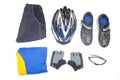 Bicycle helmet, glasses, gloves, sportswear and cycling shoes on a white background Royalty Free Stock Photo