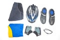 bicycle helmet, glasses, gloves, sportswear and cycling shoes on a white background Royalty Free Stock Photo