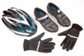 Bicycle helmet, gloves and cycling shoes on a white background Royalty Free Stock Photo