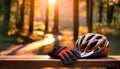 Bicycle helmet and gloves resting on bench in park at sunset Royalty Free Stock Photo