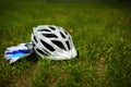 Bicycle helmet on grass Royalty Free Stock Photo