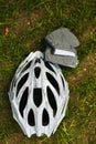 Bicycle helmet on grass Royalty Free Stock Photo