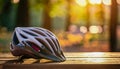 A bicycle helmet resting on a park bench in the morning Royalty Free Stock Photo