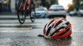 a bicycle helmet rests on pavement beside a bicycle in the city. Urban juxtaposition, Ai Generated Royalty Free Stock Photo