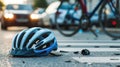 a bicycle helmet rests on pavement beside a bicycle in the city. Urban juxtaposition, Ai Generated Royalty Free Stock Photo