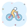 Bicycle icon in comic style. Bike with people cartoon vector illustration on white isolated background. Rider splash effect Royalty Free Stock Photo