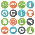 Set of bicycle parts and sport equipment icons in flat style.