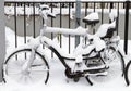 Bicycle with infant seat covered in snow Royalty Free Stock Photo