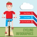 Bicycle infographics concept with front view of smiling hipster man
