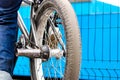 Bicycle for jumps and tricks BMX in the skatepark. Sports bike close up. Cycling Royalty Free Stock Photo