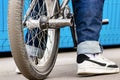 Bicycle for jumps and tricks BMX in the skatepark. Sports bike close up. Cycling Royalty Free Stock Photo