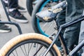 Bicycle for jumps and tricks BMX in a skatepark with a torn seat. Sports bike close up. Cycling Royalty Free Stock Photo
