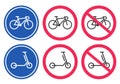 Bicycle and kick scooter forbidden and allow safety road street signs vector graphic illustration icon set, electric bike area Royalty Free Stock Photo