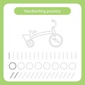 Bicycle. Kids toys theme. Handwriting practice sheet