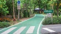 A bicycle lane in a park surrounded by trees.