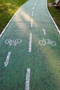 Bicycle lane sign on bicycle green road close up Royalty Free Stock Photo