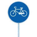 Bicycle lane sign indicating bike route, large blue round isolated roadside traffic signage