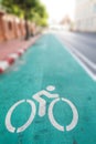 Bicycle lane symbol on the green painted asphalt on road Royalty Free Stock Photo