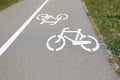 Bicycle lane with white sign painted on asphalt near sidewalk Royalty Free Stock Photo