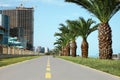 Bicycle lane with yellow dividing lines painted on asphalt Royalty Free Stock Photo