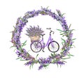 Bicycle, lavender flowers in lavender round border. Floral watercolor Royalty Free Stock Photo