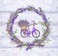 Bicycle with lavender flowers in lavender round border. Floral watercolor Royalty Free Stock Photo