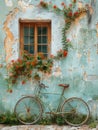 Bicycle leaning against rustic wall Royalty Free Stock Photo