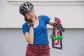 Bicycle lock. Bicycle lock in the hands of the girl. Cycling park Royalty Free Stock Photo