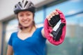 Bicycle lock. Bicycle lock in the hands of the girl. Cycling park Royalty Free Stock Photo