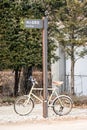 Bicycle locked on road sign Royalty Free Stock Photo