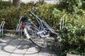Bicycle locked to bike rack on the street which has fallen over
